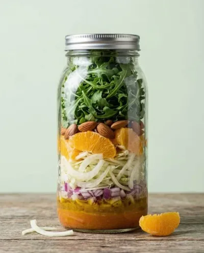 Ensalada ligera en frasco con rúcula y naranja