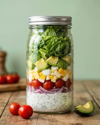 Ensalada vegetariana en frasco con palta y huevo