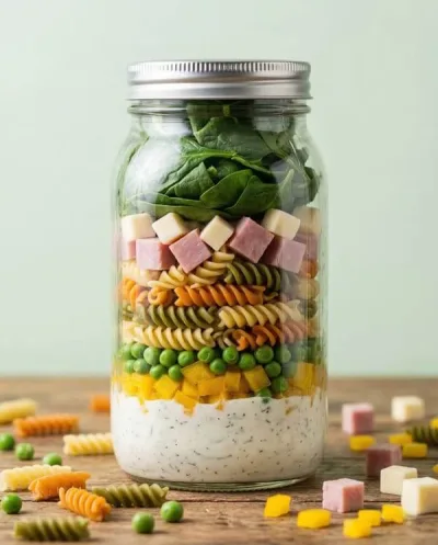 Ensalada energética en frasco con pasta