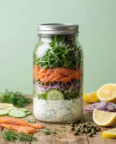 Ensalada gourmet en frasco con salmón